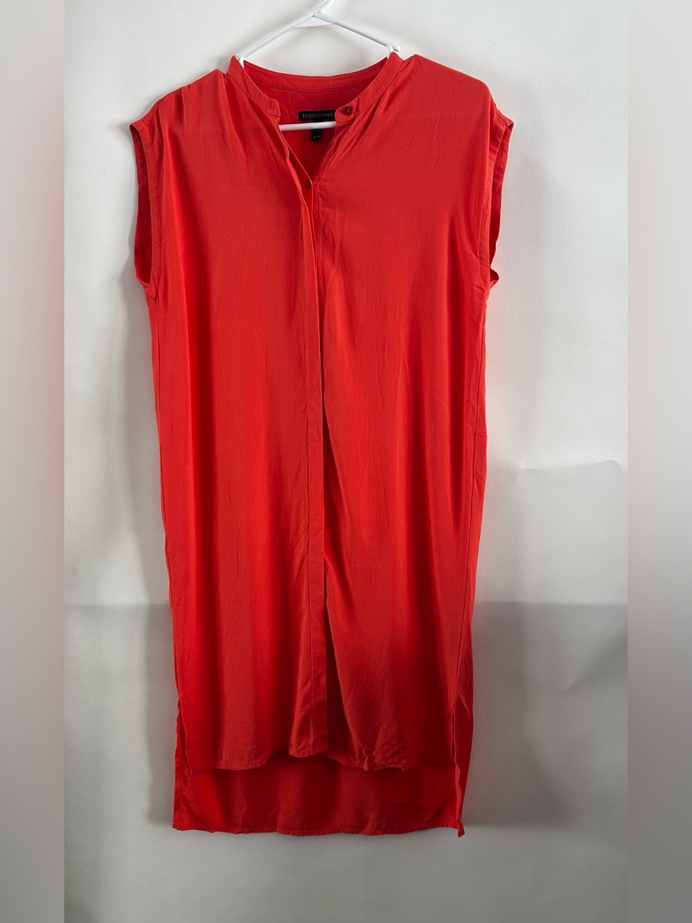 Eileen Fisher Sleeveless Mandarin Collar Shirtdress Silk Crepe— Coral/Orange